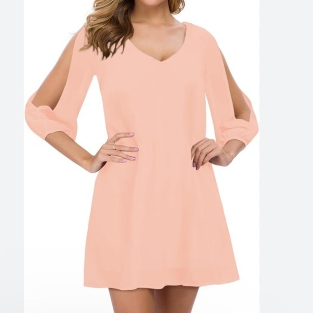 New‎ SKY VELVET  Peach Women’s  3/4 Sleeve, V Neck Shift Dress Sz S